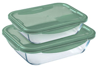Cook & Go - Juego de 2 fuentes de vidrio cuadradas con tapas verde intenso herméticas e impermeables